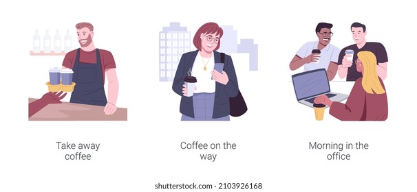 Morning coffee isolated cartoon vector illustration set. Barista gives takeaway cup to client, drinking coffee on the way, small business, happy colleagues having break in office vector cartoon.