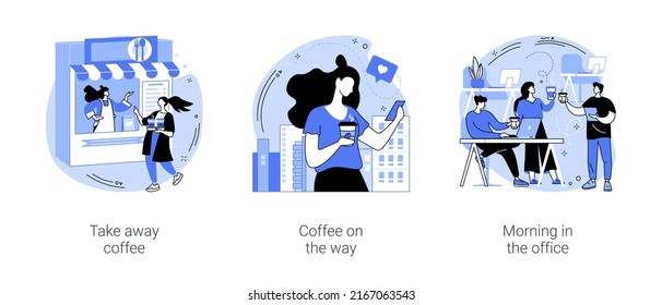 Morning coffee isolated cartoon vector illustrations set. Barista gives takeaway cup to client, drinking coffee on the way, small business, happy colleagues having break in office vector cartoon.