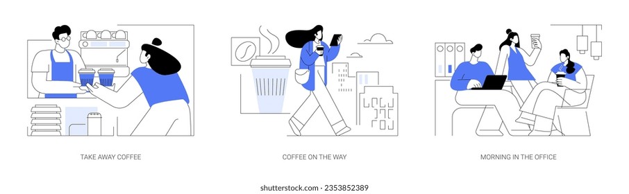 Morning coffee isolated cartoon vector illustrations set. Barista gives takeaway cup to client, drinking coffee on the way, small business, happy colleagues having break in office vector cartoon.