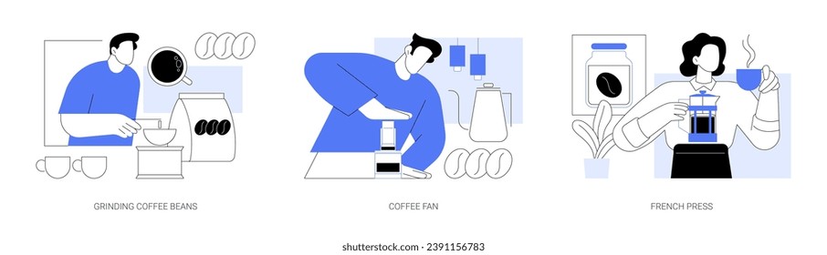 Morning coffee isolated cartoon vector illustrations set. Grinding coffee beans, espresso lover, home kitchen appliances, brewing with aero press, making hot drink with French press vector cartoon.