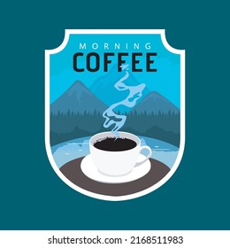 The morning coffee logo badge dominates the shade of blue