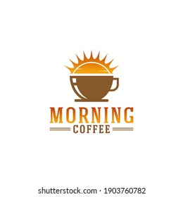 Morning coffee logo with illustration of a cup of coffee and sun