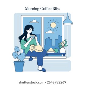Morning coffee moments evoke tranquility and warmth. A woman enjoys her beverage while sitting by the window with her cat, surrounded by plants and a sunlit cityscape, embodying relaxation.