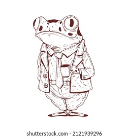 Morning coffee, outline vector illustration. Sketch drawn anthropomorphic frog, standing with a mug of tea or coffee in his hand. Elegant humanized frog. An animal character with a human body.