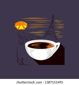 Morning coffee in Paris. Lovers under an umbrella at the Eiffel tower.