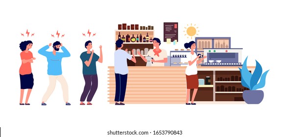 Morning coffee. People queue in cafe. Angry and happy office workers waiting drinks vector illustration