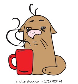 Morning coffee in a red mug wakes up the cat.Vector children's design for greeting cards, banners.