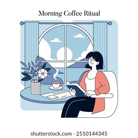 Bom dia Café Ritual conceito. Mulher aproveitando sua tranquila rotina matinal com uma xícara de café na janela. Relaxamento, conforto em casa e vida diária. Ilustração vetorial.