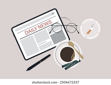 Morning coffee ritual with daily news, A cozy setup featuring coffee, a digital tablet, and stylish accessories set on a minimalist table for a perfect start to the day