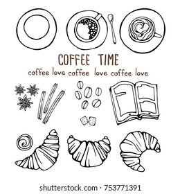 Morning coffee set in the style of the craft with the inscription. Vector image isolated on white.