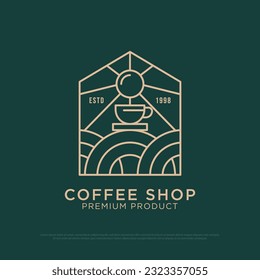 Morning Coffee shop logo design vector, vintage Outdoor coffee  logo illustration with outline style, best for  restaurant, cafe, beverages logo brand