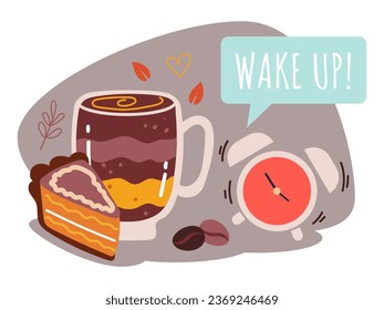 Morning coffee time cup mug clock alarm concept. Vector flat graphic design illustration

