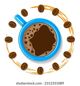 Morning coffee time. Stylized clock face made of coffee beans with an arrow cup of coffee. Vector template on transparent background