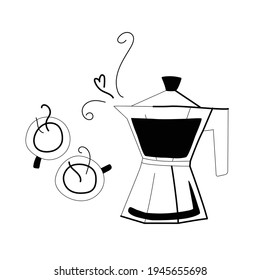 Morning coffee. Two cups of coffee and a geyser coffee maker. Black and white trendy vector hand drawn illustration. Line art. Line drawing. Coffee love, heart