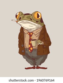 Morning coffee, vector illustration. Elegant anthropomorphic frog, standing still, smoking a cigarette and holding a mug of tea or coffee. Humanized frog. An animal character with a human body