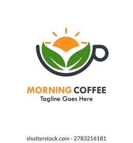 Morning coffee vector logo template with leaf elements and sun icon inside a mug cup for cafe restaurant breakfast organic herbal tea branding