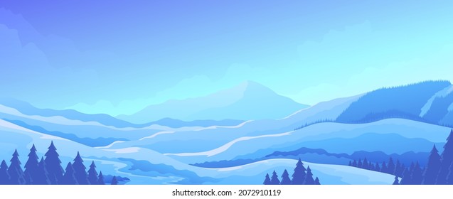 Morning in the cold mountains. Widescreen winter panorama of mountain ridge with forest.