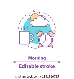 Morning concept icon. Getting up idea thin line illustration. Start of the day. Vector isolated outline drawing. Editable stroke