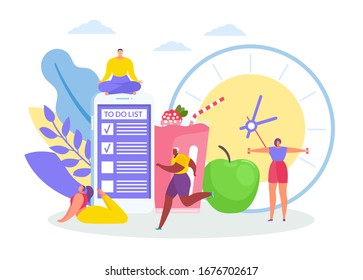 Morning concept with men and women jogging, in yoga asanas, morning exercises, huge clock, to do list, apple and fruity drink vector illustration. Sport, activity and health concept before breakfast.