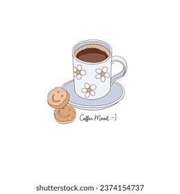 Morning cup of black coffee with smiley cookies vector illustration isolated on white. Coffee mood phrase. Groovy coffee print.
