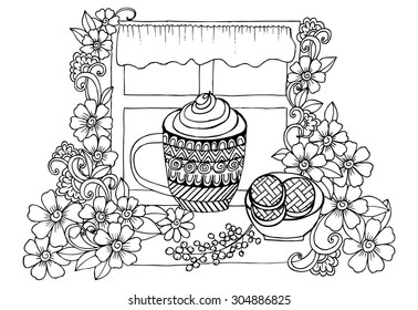 Morning cup of cappuccino. Doodle drawing in black and white