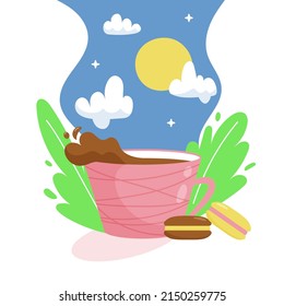 Morning cup of coffee against the blue sky and green leaves. Next to the cup is dessert - macaroons. Vector isolated image.