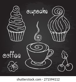 Morning cup of coffee and cupcake on chalkboard background.  Chalk design. Vector illustration, e p s 1 0. 