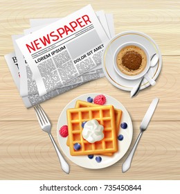 Morning cup of coffee plate of toasts and newspaper on wood table realistic background vector illustration