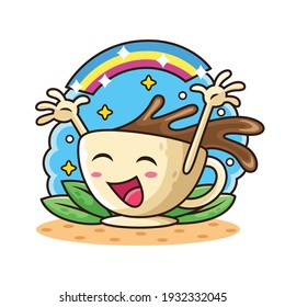 Morning A Cup of Coffee with Rainbow and Love. Drink Vector Icon Illustration, Isolated on White Background