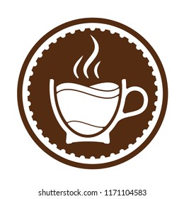 Morning cup of coffee for waking up. Logo or emblem. Layers of coffee in a cup and steam on top
