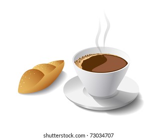 Morning cup of fragrant coffee and cake is shown in the picture.