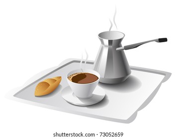Morning cup of fragrant coffee, pots and cake are shows in the picture.