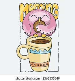 Morning. Cute cartoon animal. Vector clip art illustration for children design, cards, prints, coloring books. Grungy kawaii image