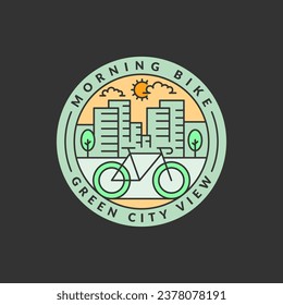 morning cycling in the city badge vector illustration. city and bicycle monoline or line art style. design can be for t-shirts, sticker, printing needs