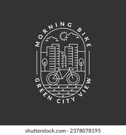 morning cycling in the city badge vector illustration. city and bicycle monoline or line art style. design can be for t-shirts, sticker, printing needs