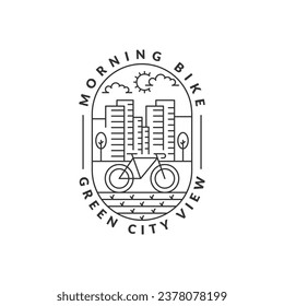 morning cycling in the city badge vector illustration. city and bicycle monoline or line art style. design can be for t-shirts, sticker, printing needs