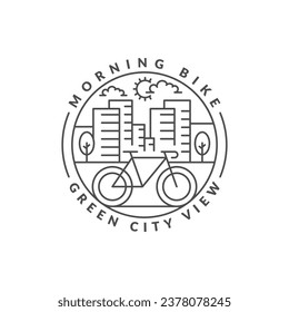 morning cycling in the city badge vector illustration. city and bicycle monoline or line art style. design can be for t-shirts, sticker, printing needs
