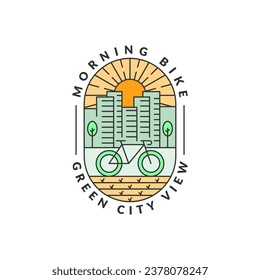 morning cycling in the city badge vector illustration. city and bicycle monoline or line art style. design can be for t-shirts, sticker, printing needs