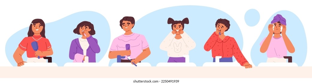 Morning daily kids routine. Children in home bathroom brush teeth, use dental floss, combing hair and wash face. Everyday hygiene concept. Cartoon flat vector illustration