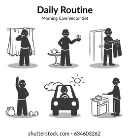 Morning daily routine collection witn man brush teeth drinking coffee holding trousers doing exercises driving to work cooking isolated vector illustration