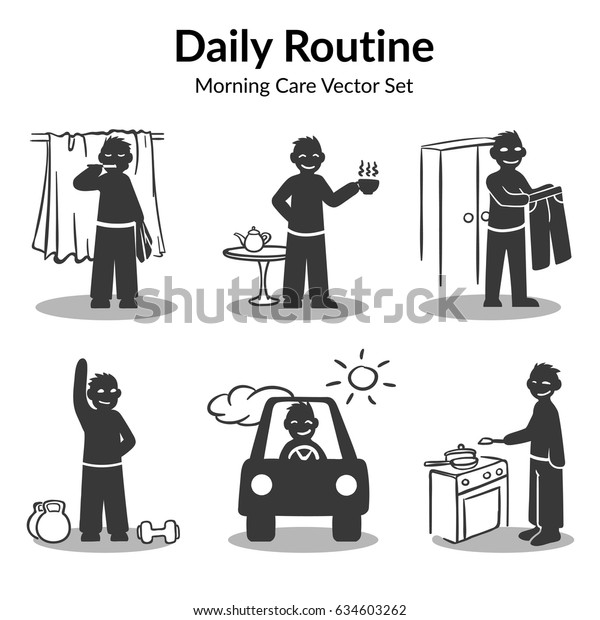 Morning daily routine collection witn\
man brush teeth drinking coffee holding trousers doing exercises\
driving to work cooking isolated vector\
illustration