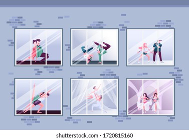 Morning dance class flat color vector illustration. Hip hop and ballet. Group practice. Dancers training in windows. Fun activity 2D cartoon characters inside with interior on background
