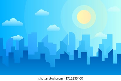 Morning, day city skyline landscape, town buildings in different time and urban cityscape town sky. Daytime cityscape. Architecture silhouette of downtown vector background collage set. Flat design