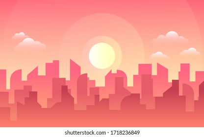 Morning, day city skyline landscape, town buildings in different time and urban cityscape town sky. Daytime cityscape. Architecture silhouette downtown vector background. Flat design