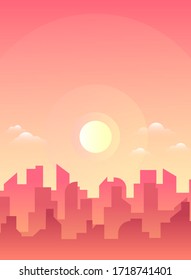 Morning, day city skyline landscape, town buildings in different time and urban cityscape town sky. Daytime cityscape. Architecture silhouette downtown vector background. Flat design