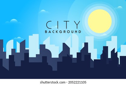 Morning, day city skyline landscape, town buildings in different time and urban cityscape town sky. Daytime cityscape. Architecture silhouette downtown vector background. Flat design for flyers, cards