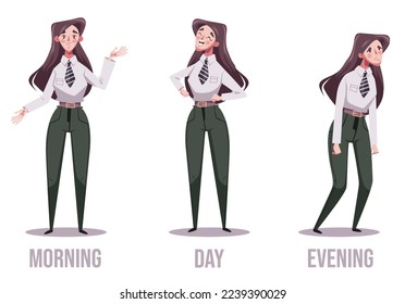 Morning day and evening office workers condition abstract design element concept illustration set