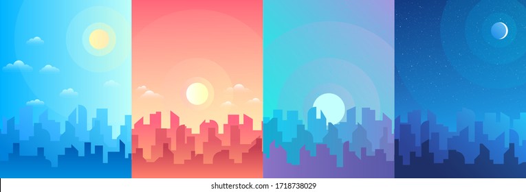 Morning, day and night city skyline landscape, town buildings in different time and urban cityscape town sky. Daytime cityscape. Architecture silhouette vector background collage set. Flat design