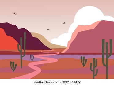 Morning desert landscape with mountain canyons illustration. Pink dunes with brown stones pink skies and thorny plants natural panorama of sahara with flying vultures. Vector cartoon.