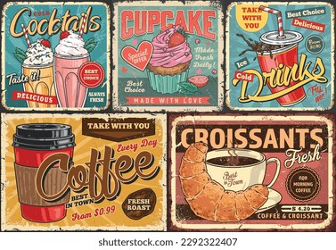 Morning desserts set posters colorful with coffee and sweet baking for breakfast in cafestore or restaurant vector illustration